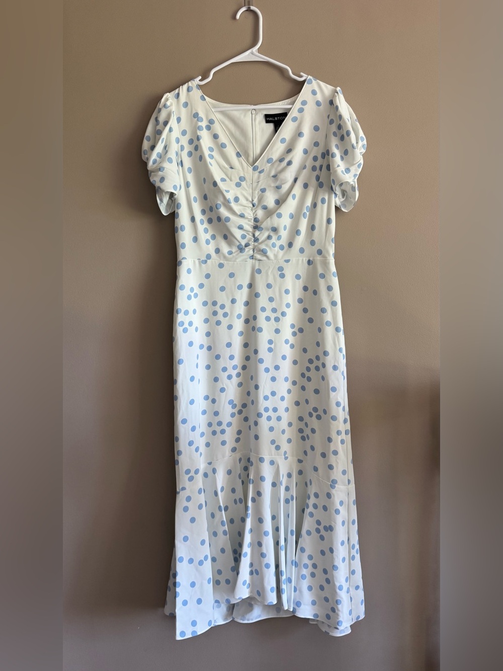 New Halston White and Blue Polka Dot Long Dress, Size 8